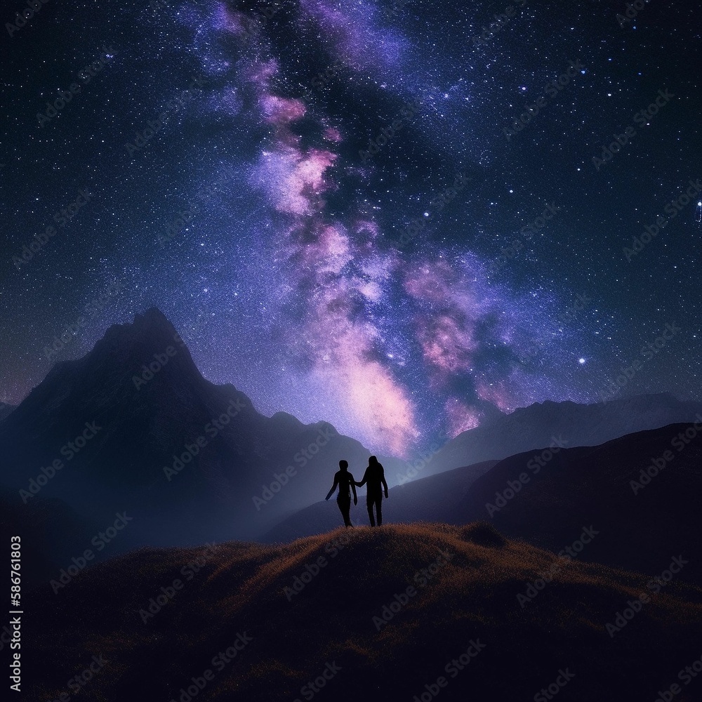 Couple walking under a mountain Couple walking under a mountain