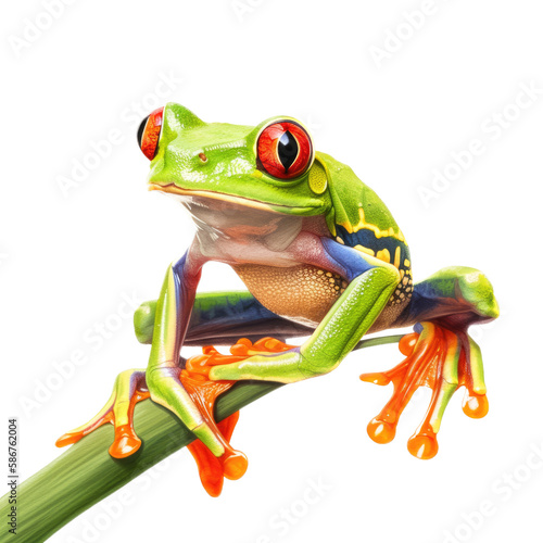 an isolated Green, Red-eyed tree Frog 3/4-view portrait, wildlife-themed, Tropical Rainforest, photorealistic illustration on a transparent background cutout in PNG. Generative AI