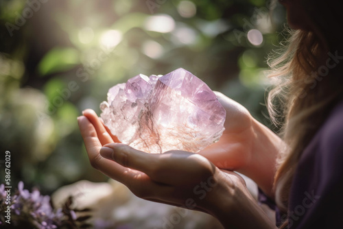 Closeup of woman holding pink amethyst crystals outdoors. Generative AI. 