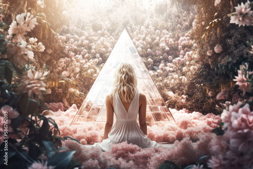 Woman meditating in a mystical garden surrounded by crystals and flowers. Generative AI.  photo