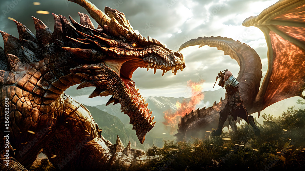 The clash of titans in an epic fantasy war with a highly detailed 3D-style image of a fearsome dragon battling against each other. 3d model game concept. Generative AI The clash of titans in an epic fantasy war with a highly detailed 3D-style image of a fearsome dragon battling against each other. 3d model game concept. Generative AI