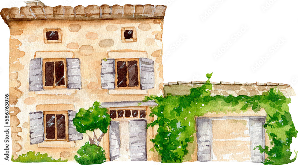 Fototapeta premium Watercolor house, wedding venue, countryside celebration, summer house, cottage, vineyard hotel