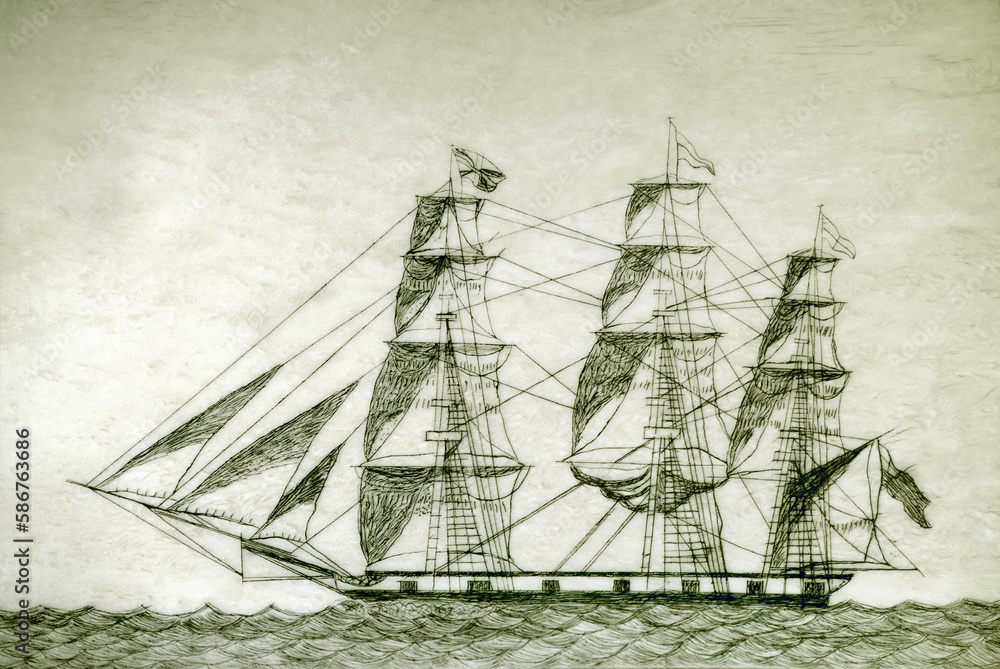 Scrimshaw art on whalebone ivory showing whaling ship. Nantucket Whaling Museum, Nantucket Island, Cape Cod Massachusetts, USA