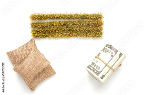 A picture of miniature rice paddy field, fake money and rice bags on white background