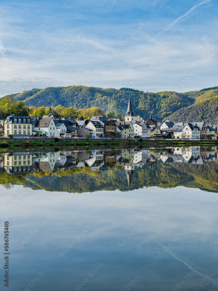 Fototapeta premium Vertical shot of Briedern village houses and mountain reflection on Moselle river in Cochem-Zell district, Germany