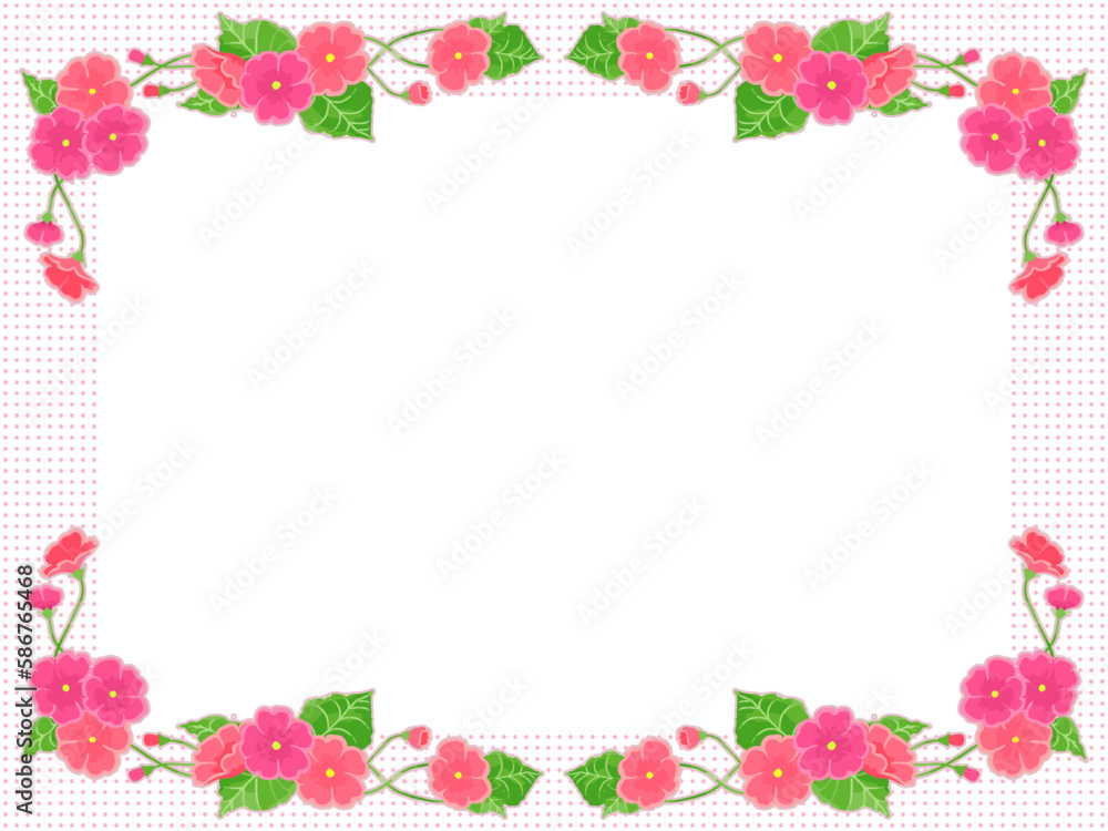 かわいい花のイラストフレーム、手描きのピンクのプリムラ