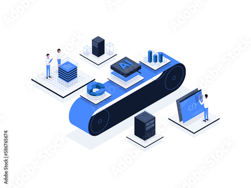 Data processing Isometric Illustration Flat Color. Suitable for Mobile App, Website, Banner, Diagrams, Presentation, and Other Graphic Assets.