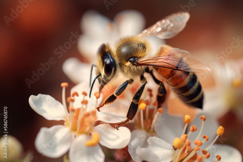 Honey bee collecting pollen on the flower, nectar collecting production of natural honey closeup of honey, macro concept illustration, generative ai photo