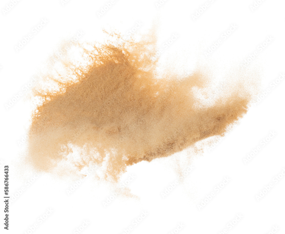 Small size fine Sand flying explosion, Golden grain wave explode. Abstract cloud fly. Yellow colored sand splash silica in Air. White background Isolated high speed shutter, throwing freeze shot Small size fine Sand flying explosion, Golden grain wave explode. Abstract cloud fly. Yellow colored sand splash silica in Air. White background Isolated high speed shutter, throwing freeze shot