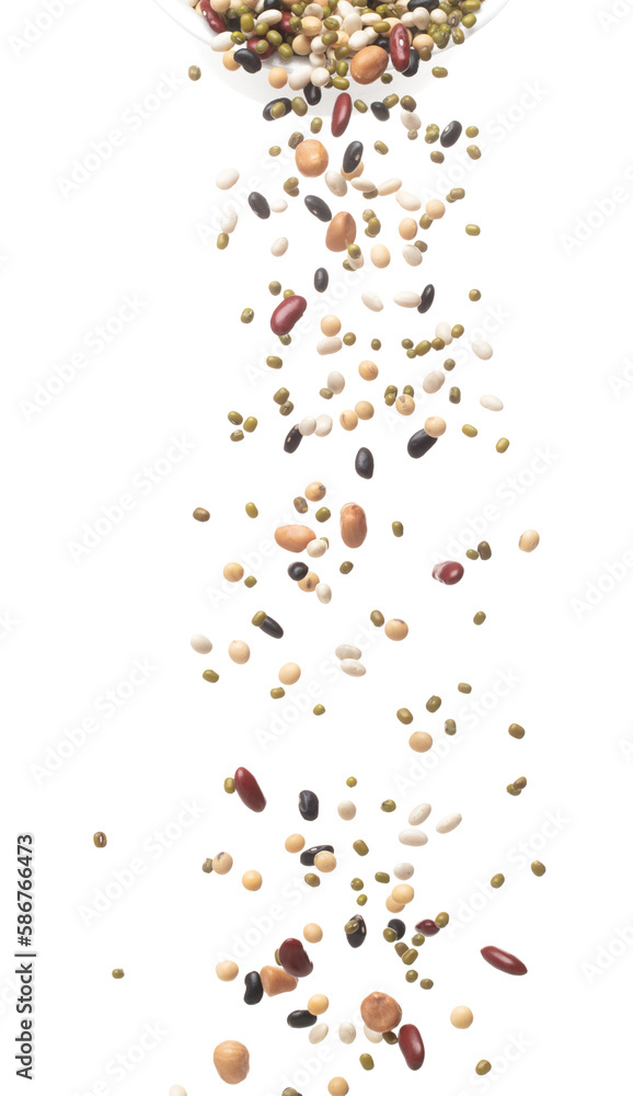 Mix beans fall down explosion, several kind bean float explode, pouring down. Dried mixed white green red soy black peanut beans splash throwing in Air. White background Isolated high speed shutter Mix beans fall down explosion, several kind bean float explode, pouring down. Dried mixed white green red soy black peanut beans splash throwing in Air. White background Isolated high speed shutter