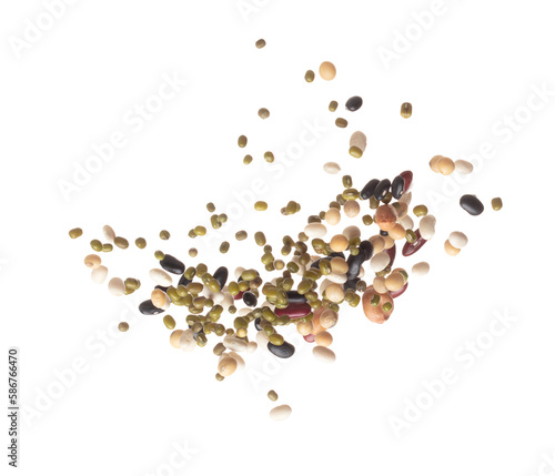 Mix beans fall down explosion, several kind bean float explode. Dried mixed white green red soy black peanut beans splash throwing in Air. White background Isolated high speed shutter, freeze