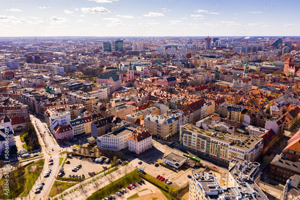 Panoramic view from the drone on the city Poznan. Poland