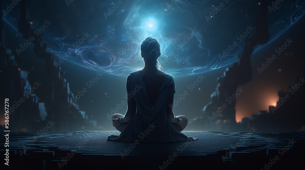 Woman in meditation. Blue universe background. Ai