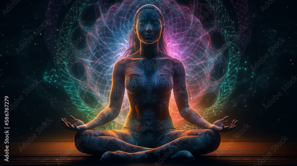 Woman in meditation. Universe on background. Woman in meditation. Universe on background.