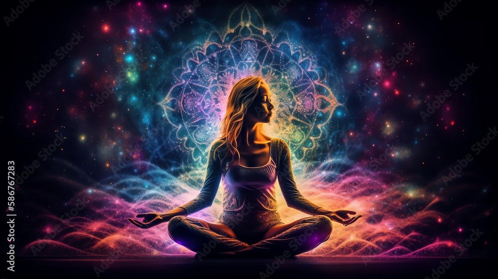 A woman meditates in the lotus position. Universe on background - obrazy, fototapety, plakaty 