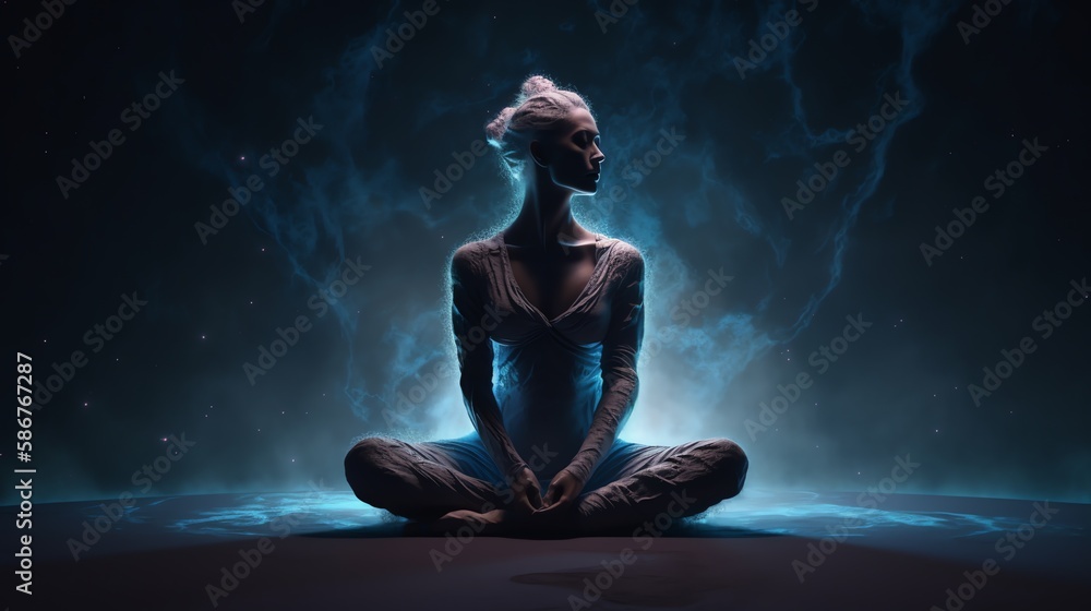 A woman meditates in the lotus position. Blue smoke background. Ai A woman meditates in the lotus position. Blue smoke background. Ai