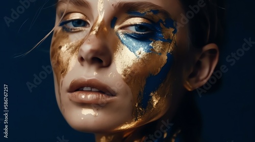 Beautiful girl face golden and blue painted. Ai