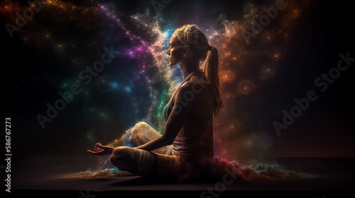 Woman in meditation. Magic background. Ai