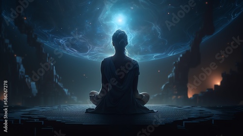 Woman in meditation. Blue universe background. Ai