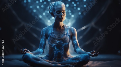 A woman meditates in the lotus position. Blue background. Ai © vladzelinski