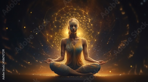 Meditating woman. Golden background