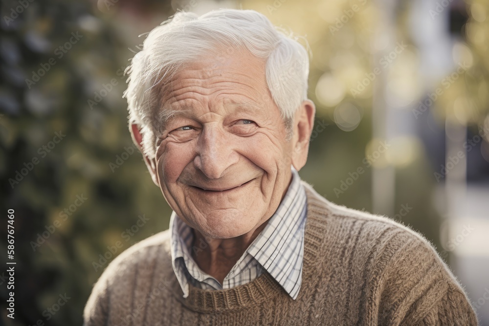 Smiling wise elder in brown woolen sweater radiating trust and experience with bokeh effect. Generative AI