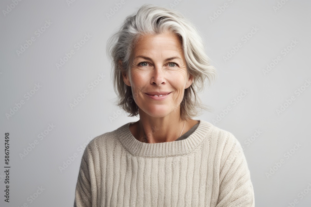 Confident and serene 40-year-old woman with white-blonde hair on white background. Generative AI Confident and serene 40-year-old woman with white-blonde hair on white background. Generative AI