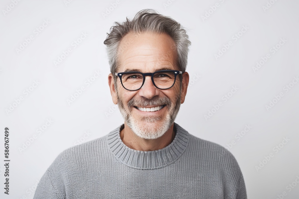 Serenely smiling middle-aged man with gray hair and beard in wool sweater on white background.