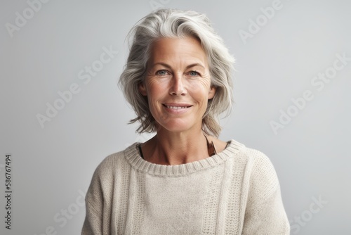 Confident mature woman smiling in cozy white sweater on pure neutral grey background. Generative AI