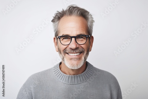 Canvas Print Serenely smiling middle-aged man with gray hair and beard in wool sweater on white background