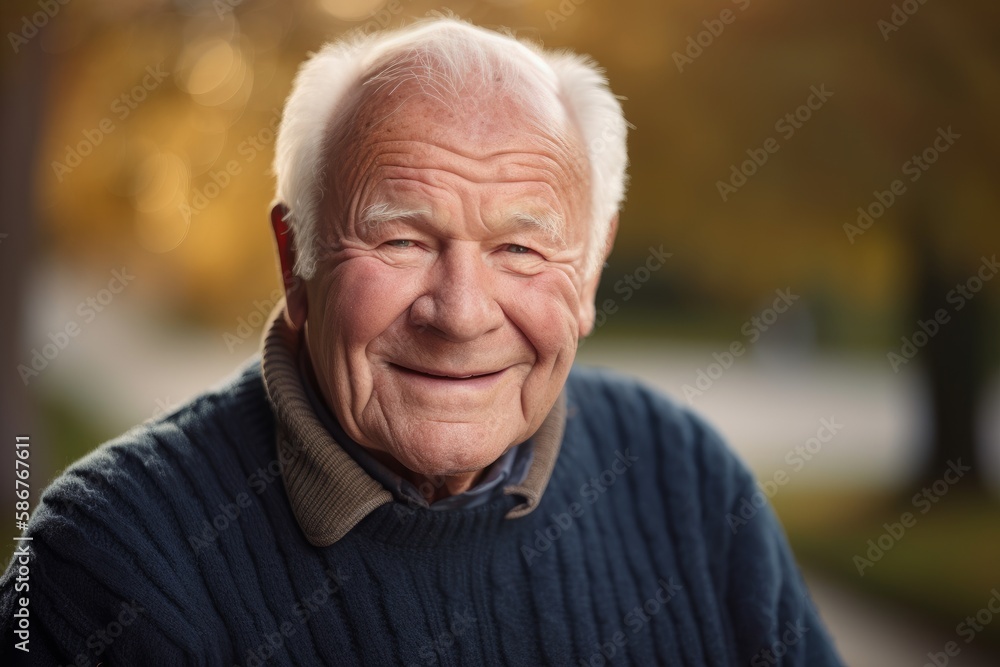 Portrait of a senior man smiling at the camera outdoors in autumn
