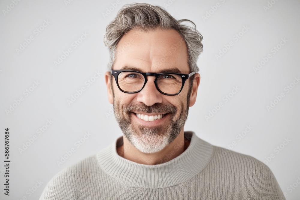 Serene middle-aged man with silver hair and beard, wearing beige sweater and glasses. Generative AI Serene middle-aged man with silver hair and beard, wearing beige sweater and glasses. Generative AI