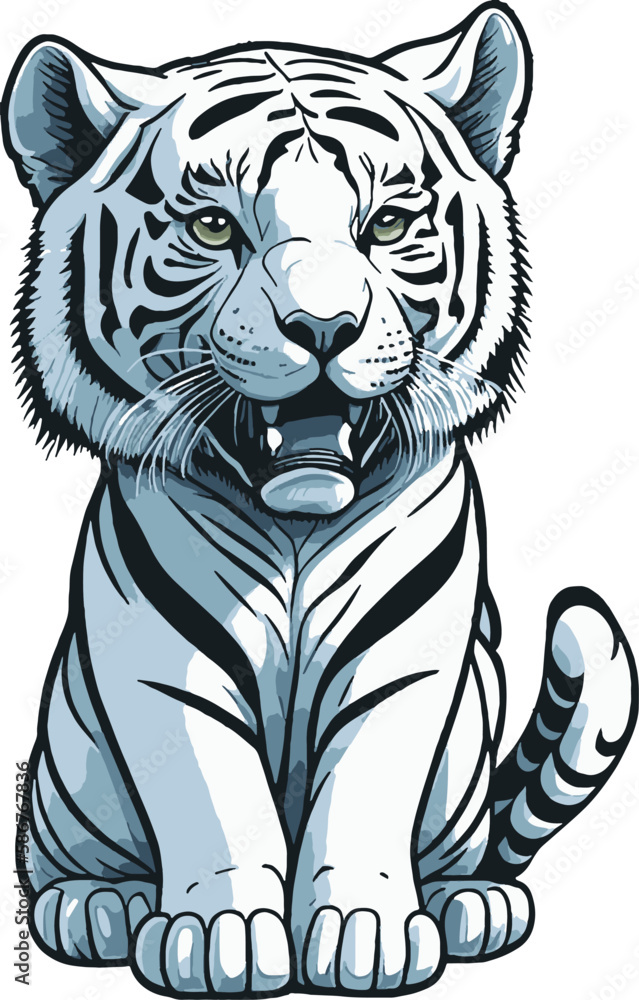 Cute little white tiger cartoon vector art and illustration isolated on white background, mascot, shirt, t shirt, logo, label, emblem, tatoo, sign,poster, sticker design