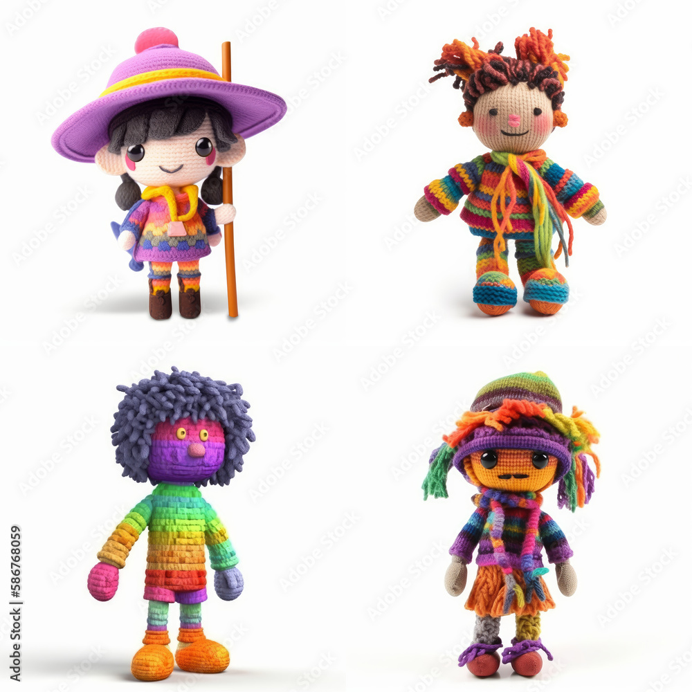 Children's characters made of wool. 4 characters set