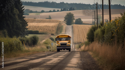 School bus on long road next to farm field Generative AI