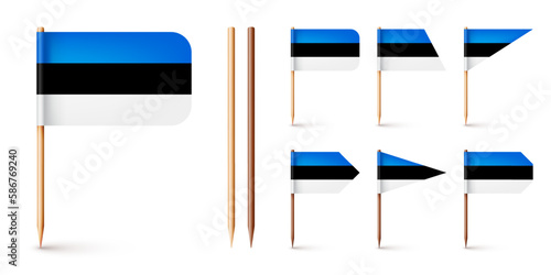 Realistic various Estonian toothpick flags. Souvenir from Estonia. Wooden toothpicks with paper flag. Location mark, map pointer. Blank mockup for advertising and promotions. Vector illustration