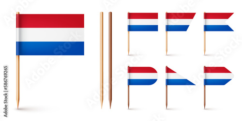 Realistic various Dutch toothpick flags. Souvenir from Netherlands. Wooden toothpicks with paper flag. Location mark, map pointer. Blank mockup for advertising and promotions. Vector illustration