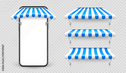 Smartphone with shop sunshade and metal mount, online internet shopping. Realistic blue striped cafe awning. Outdoor market tent. Roof canopy. Summer street store. Vector illustration