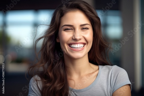 Young brunette female college student looking at the camera smiling. Generative AI