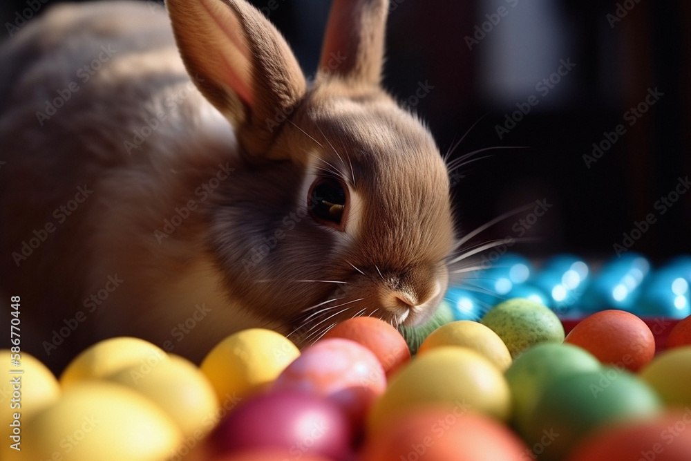 Beautiful close-up of a cute brown bunny with easter eggs, made with generative AI