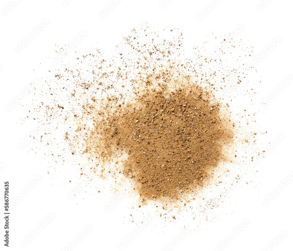 Pile of brown dust scattered on white background, top view Pile of brown dust scattered on white background, top view