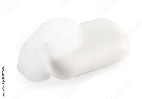 Soap with fluffy foam isolated on white