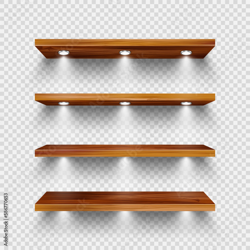 Realistic wooden store shelves with lighting, spotlights. Empty product shelf, grocery wall rack. Mall and supermarket furniture, bookshelf. Modern interior design element. Vector illustration