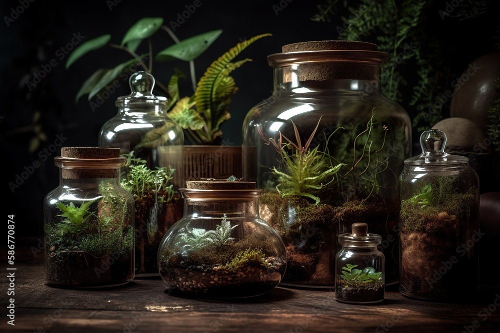 Mossariums, lush green plants in glass jars, glass container with soil, moss and small plants. AI generative Mossariums, lush green plants in glass jars, glass container with soil, moss and small plants. AI generative