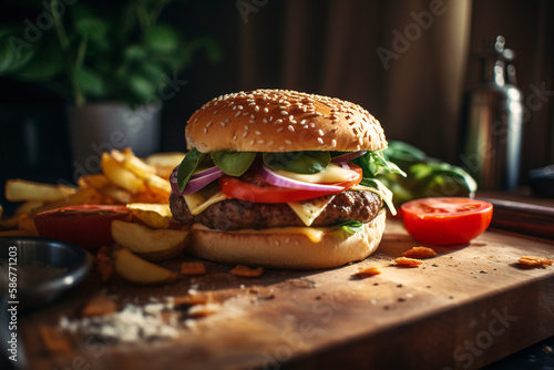 Realistic burger with french fries illustration
