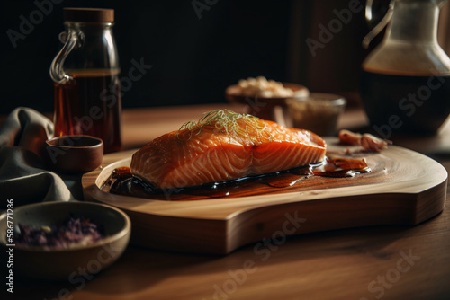 Realistic salmon steak with oil illustration