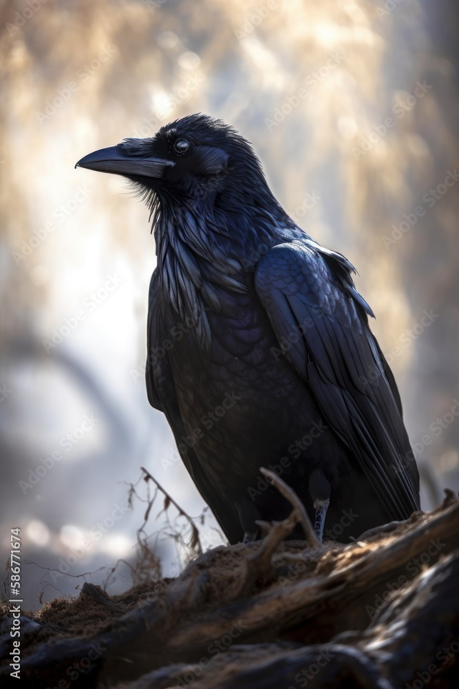 Fototapeta premium A portrait of a raven looking at the viewer. Generative AI. 