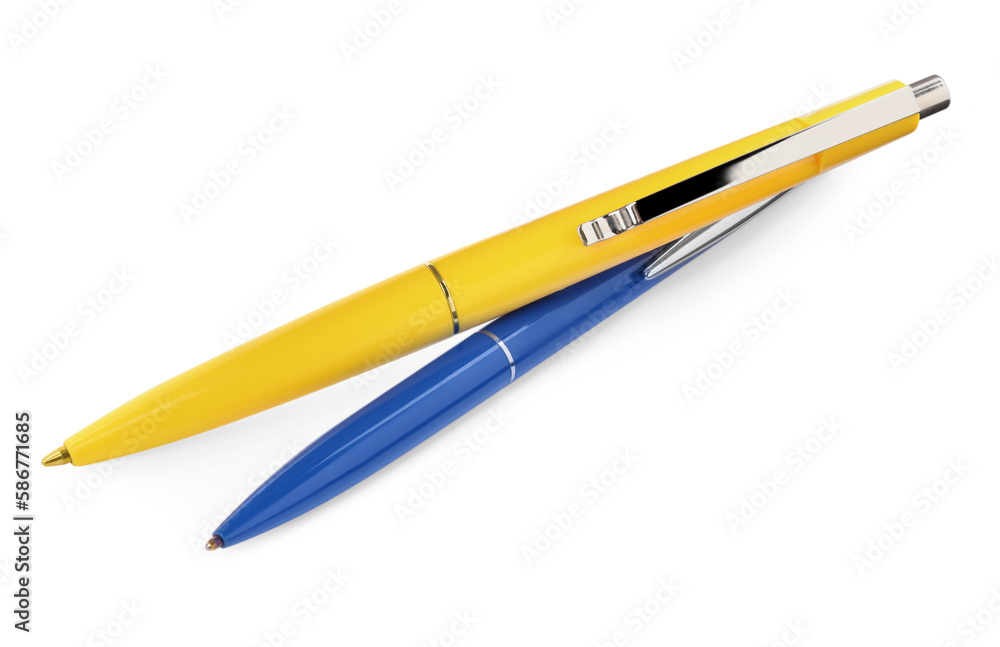 New stylish blue and yellow pens isolated on white New stylish blue and yellow pens isolated on white