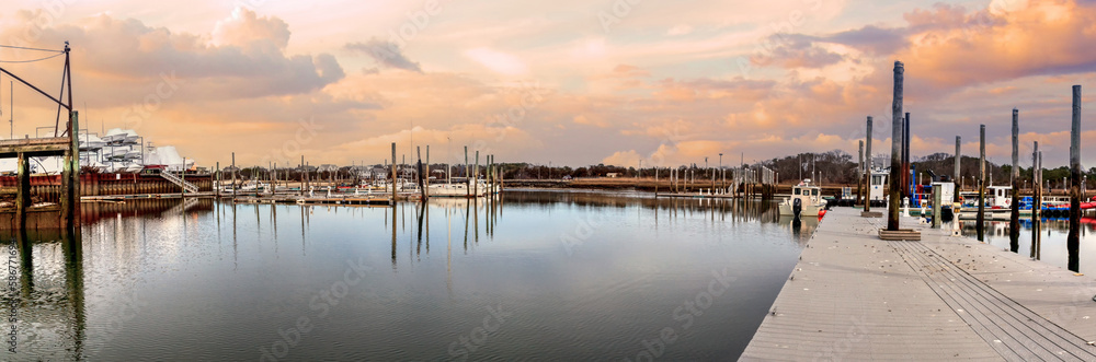 Sunset over the Sesuit Harbor Marina on Cape Cod in East Dennis.