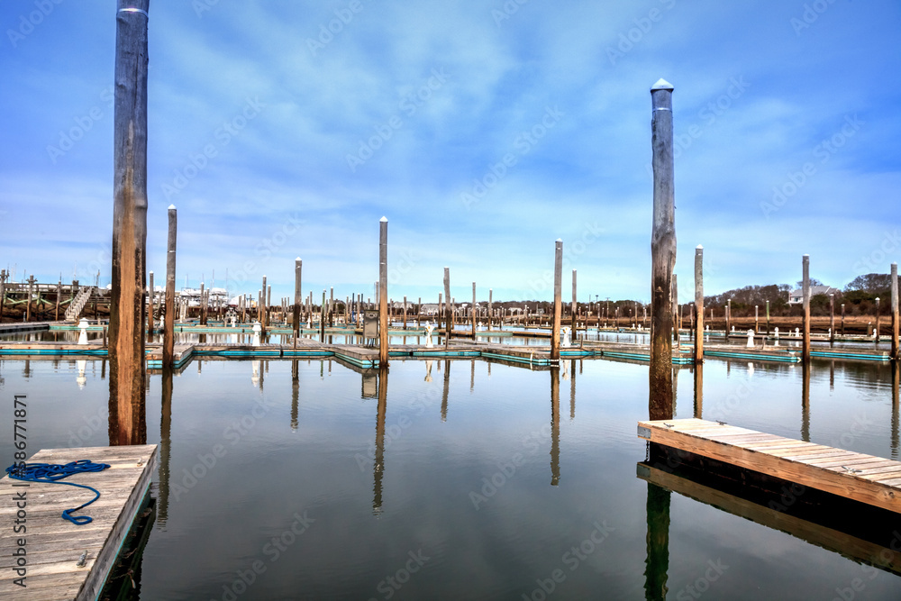 Blue sky over the Sesuit Harbor Marina on Cape Cod in East Dennis.